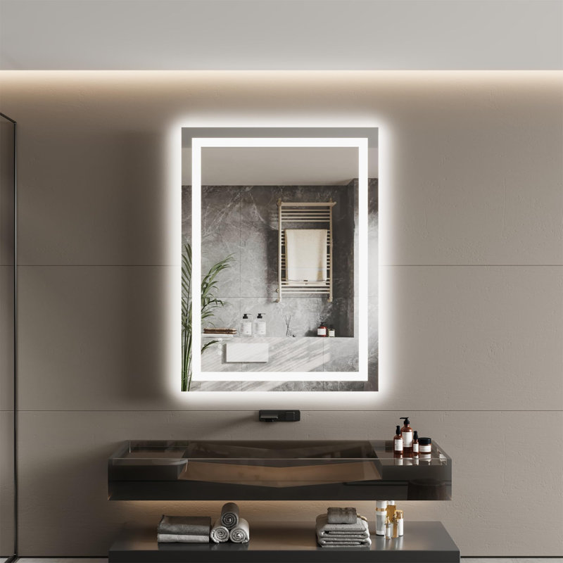 Miroir de salle de bain sans cadre à DEL avec rétroéclairage et éclairage avant, miroir de meuble-lavabo pour mur, intensité variable 3CCT, fonction mémoire, anti-buée, verre trempé résistant aux chocs, homologué ETL
