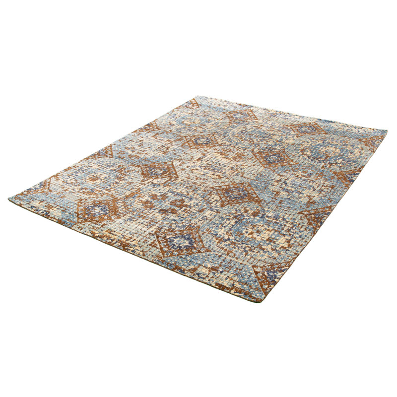 Tapis décoratif bleu/crème de conception unique 8 pi x 10 pi noué à la main New Age