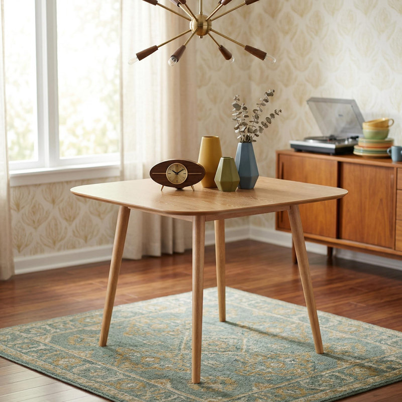 35" Square Dining Table for 2-4, Mid-Century Small Kitchen Table with Rubberwood Legs, Natural