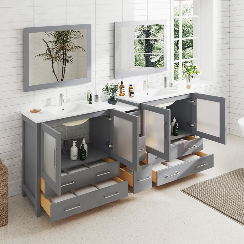  Ensemble de meuble-lavabo double 84 "avec miroir 84", Gris