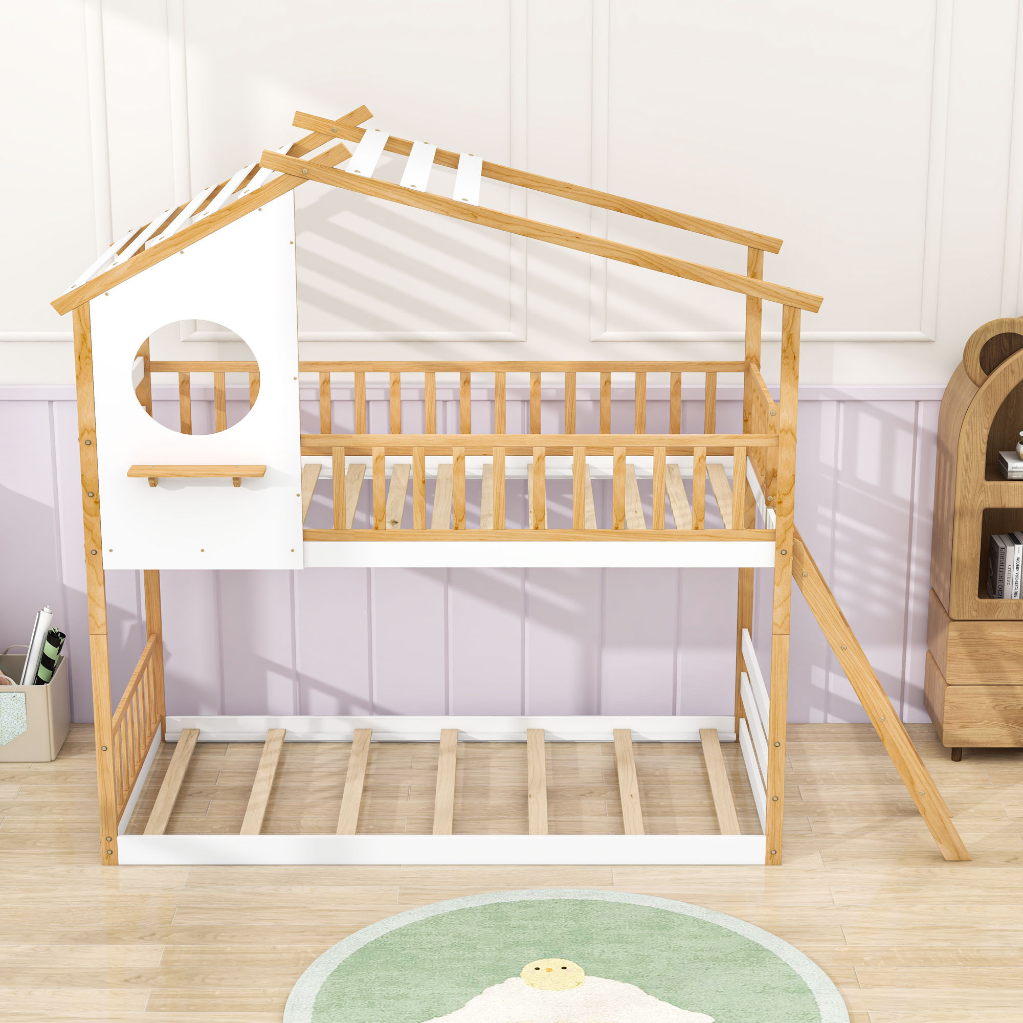Harper Orchard Playhouse Twin Over Twin Wooden Bunk Bed With Roof And ...