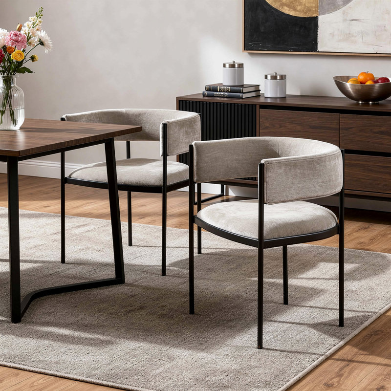 Ensemble de deux chaises de salle à manger à accoudoirs ouverts en tissu gris clair et noir