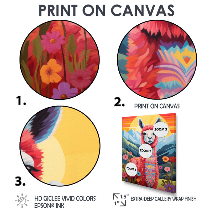 Alpaga rose au Chili, paysage de montagnes en fleurs, art mural lama, salon, Cadre flottant blanc, H 32 po x l 24 po