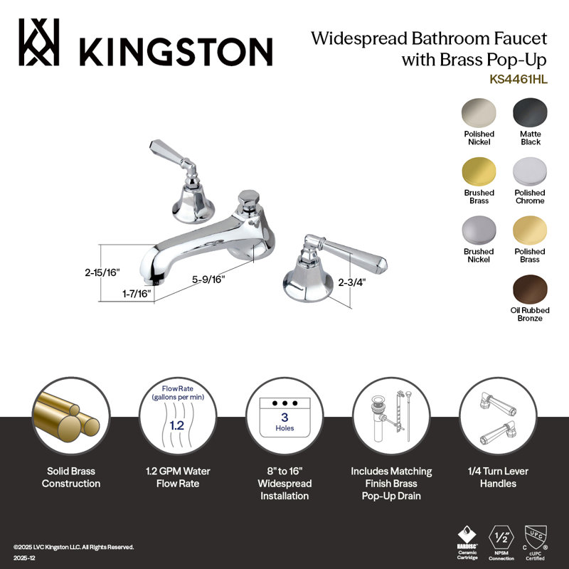 Kingston Brass Metropolitan Two-Handle 3-Hole Deck Mount Widespread Bathroom Faucet with Brass Pop-Up Drain, Brushed Brass
