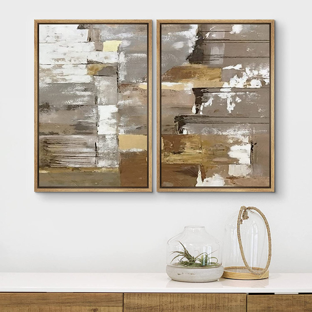 Grunge Abstract Paint Stroke Effect " Mid-Century Brown Pastel Color Blocks " 2 - Pieces IDEA4WALL 