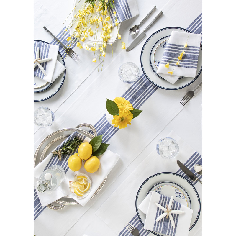 Farmhouse - 100% Pure Linen Table Runner, 36" x 14", Navy/White