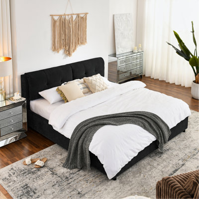 King Size Storage Upholstered Hydraulic Platform Bed With Integrated Headboard, Chenille Fabric, Black