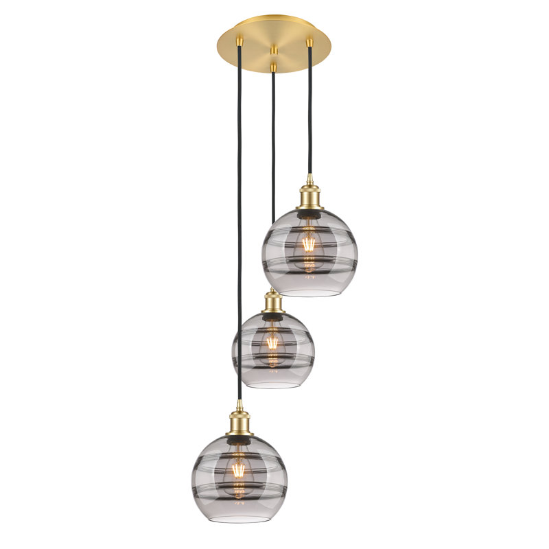Luminaire suspendu en grappe à 3 lumières Chartoff, Gris fumée clair, H 30,38 po x l 14,5 po x P 14,5 po, Or satiné