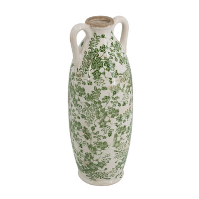 Ceramic Flower Vase With Green Floral Motif, Compact Vertical Design, Dual Small Handles, And Versatile Display Functionality.