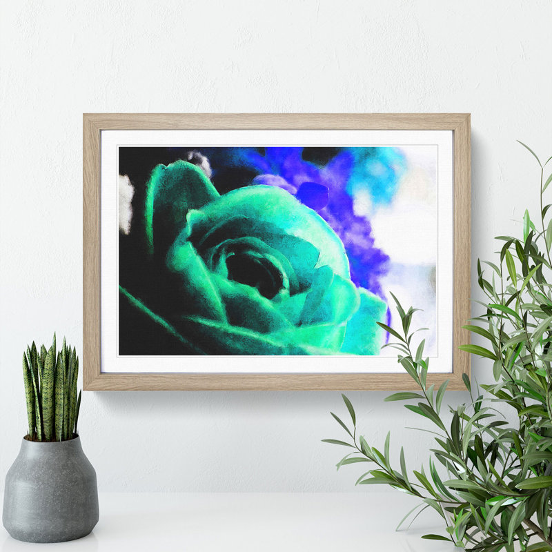 Teal Rose Flower - Picture Frame Graphic Art, 48cm H x 65cm W x 2cm D, Oak