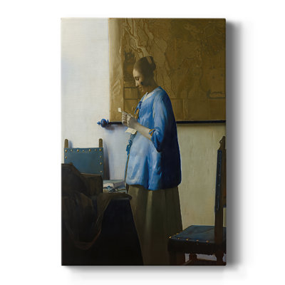 Femme en bleu lisant une lettre sur toile tendue