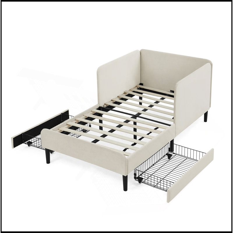 Structure de lit simple tapissier avec 2 tiroirs de rangement, canapé-lit réglable en velours, beige