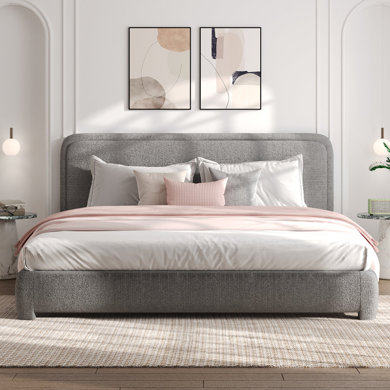 Lit plateforme tapissier Bensu Boucle, Très grand lit, Gris clair