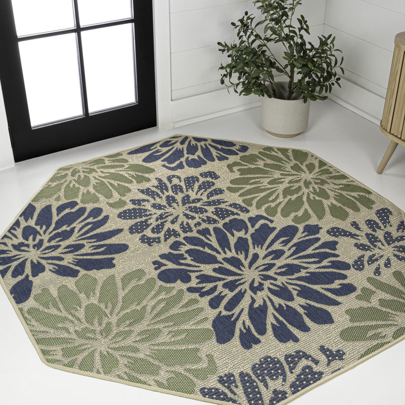 Hagy Modern Floral Textured Weave Navy/Green Indoor/Outdoor Rug, Octagon 5'3"