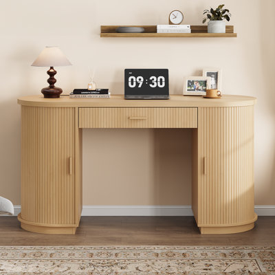 Bureau de direction 57,9 po Mid-Century avec 2 armoires de rangement avec portes coulissantes Tambour, bureau d'ordinateur en bois avec tiroir et prise de courant
