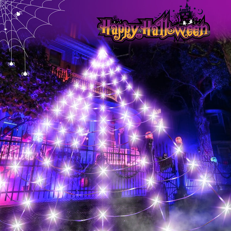 Toile d'araignée géante d'Halloween 16,4 pi, toile d'araignée noire mauve illuminée, lumières d'Halloween en fil métallique robuste avec imperméable, minuterie pour décor de maison hantée