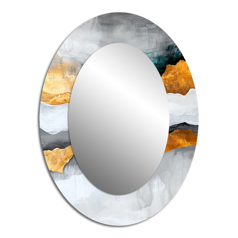 Contrasting Harmony Of Gray And Golden Marble II - Abstract Oval Decorative Mirror On Metal, 40" x 30"