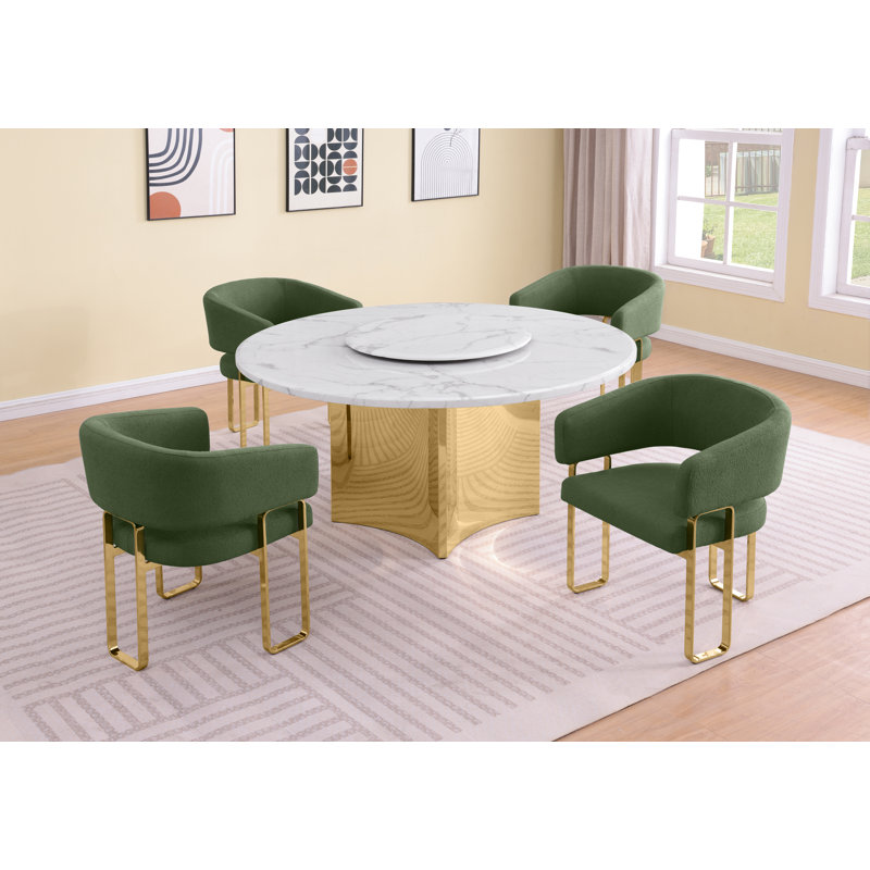 Ensemble de salle à manger en marbre blanc avec fauteuils Lazy Susan et Teddy, Vert, Doré