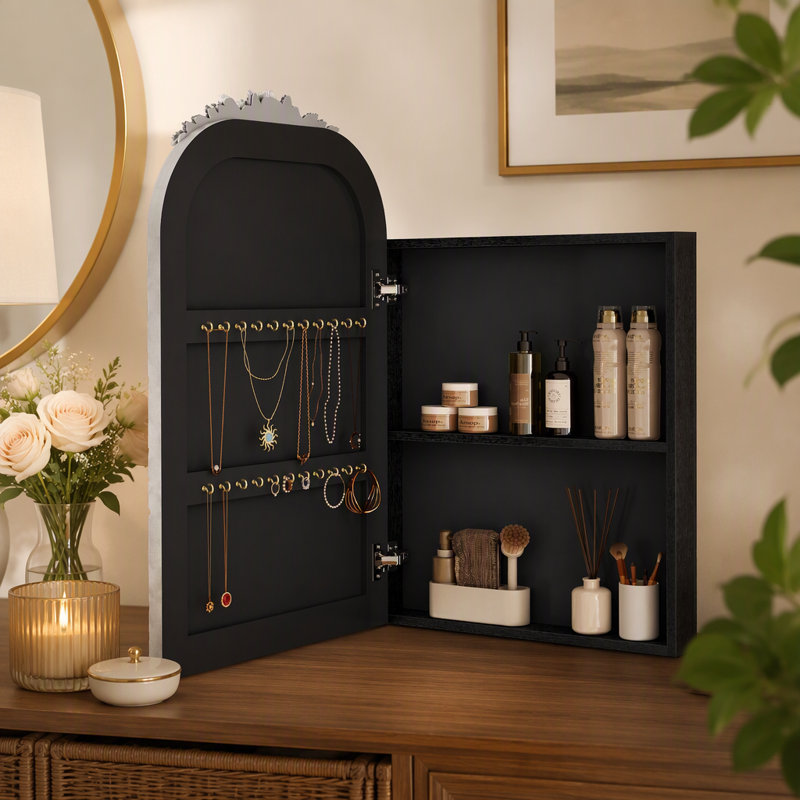 Armoire à pharmacie vintage en forme d'arche avec miroir, 40,6 x 61 cm, argentée, rangement mural avec dessus sculpté et crochets à bijoux