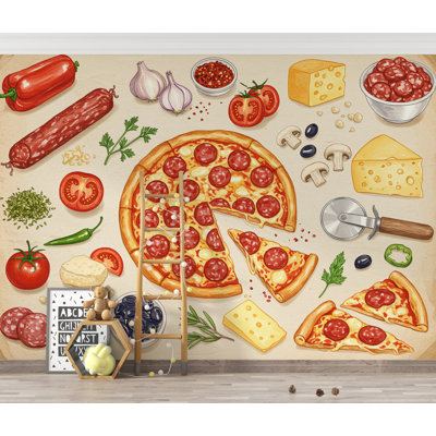 Pizza Wallpaper Mural | Vintage Pizzeria Wall Decor | Italian Restaurant Wallpaper | Pizza Kitchen Peel and Stick Wallpaper 419DRE