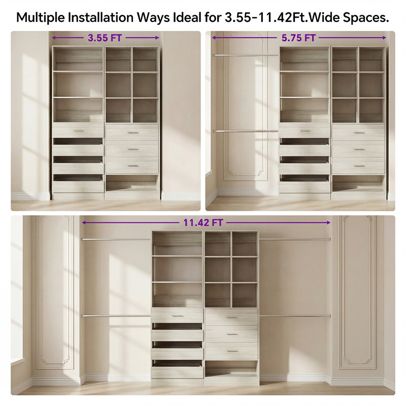 Modular Walk-In Closet System With 4 Hanging Rods, 3 Shelves & 7 Drawers - Versatile Storage Solution, Beige