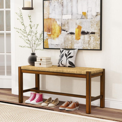 Farmhouse Boho Entryway Bench With Woven Seagrass Seat