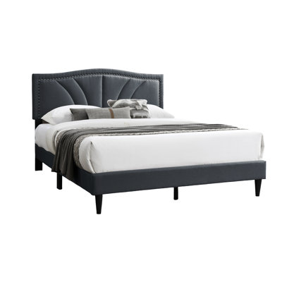 Queen Platform Bed With Burlap Headboard, Charcoal Color, Sophisticated Nailhead Trim, No Box Spring Needed Modern Bedroom Bed, Upholstered