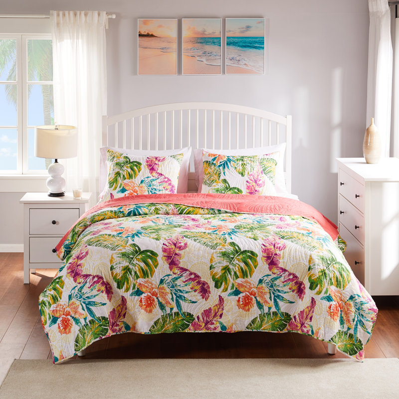 Tropical Leaf Print Reversible Twin Microfiber Quilt Set