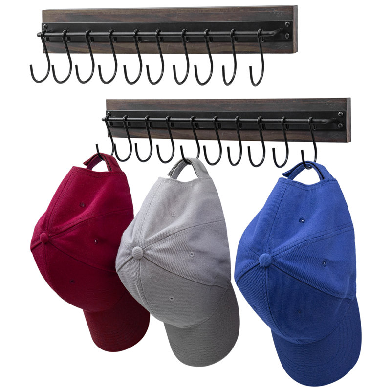 Ensemble de 2 supports à chapeaux et casquettes muraux - Cadre en métal noir mat avec base en bois rustique et crochets en S
