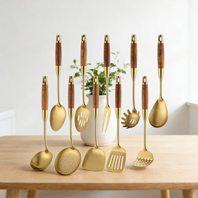 Ensemble d'ustensiles de cuisine en acier inoxydable 10 pièces avec poignée en bois, outils de cuisine en métal 18/10 pour usage professionnel et domestique, va au lave-vaisselle