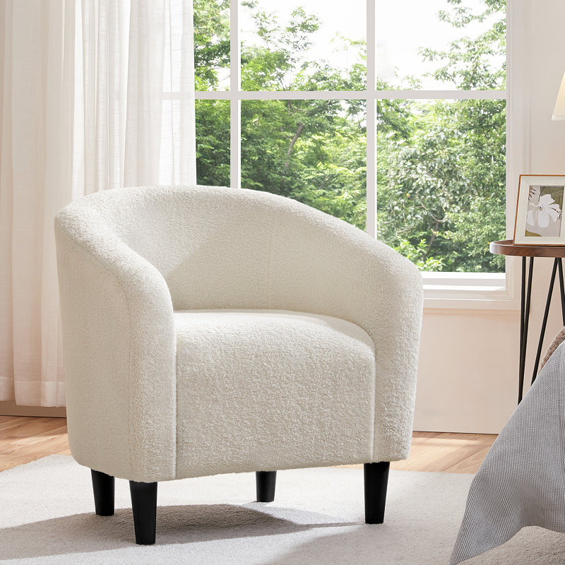 27”Wide Upholstered Solid Wood Barrel Accent Club Chair, Ivory Polyester Blend