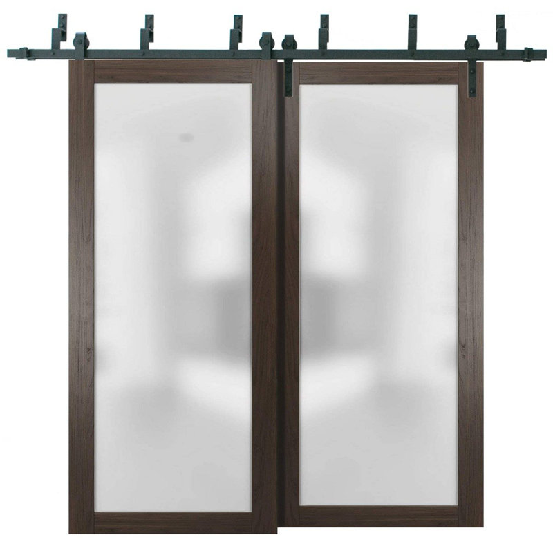 Portes de grange coulissantes en verre givré avec quincaillerie | Planum 2102 | Ensemble de quincaillerie robuste pour rails 6,6 pi | Portes de garde-robe modernes en bois massif pour chambre à coucher