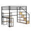 Lit mezzanine double en métal avec escalier, bureau intégré et tablettes, noir