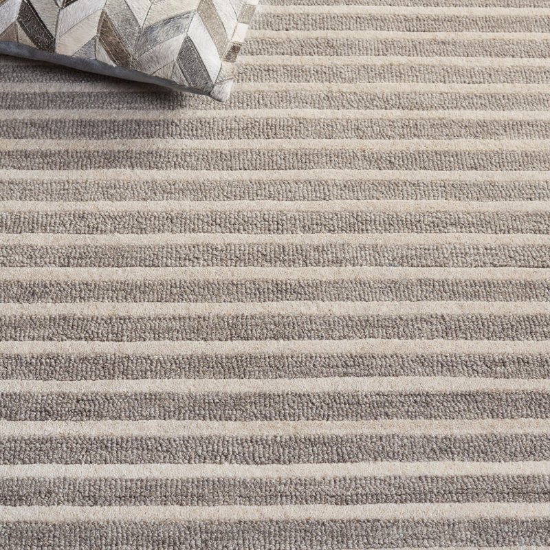 Ebony Hand Tufted Wool/Cotton Striped Rug in Grey/Ivory, Rectangle 4' x 6'