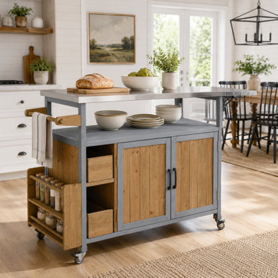 54 Inch Solid Wood Rolling Outdoor Kitchen Cart with Stainless Steel Top