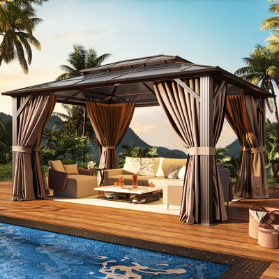 12 Ft. W x 10 Ft. D Outdoor Patio Gazebo with Hardtop Double Roof, Brown