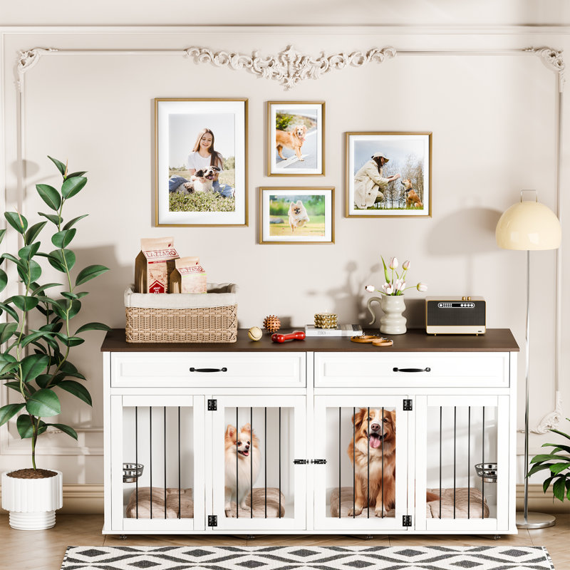 71" White Rolling Large Dog Crate Table with Drawers