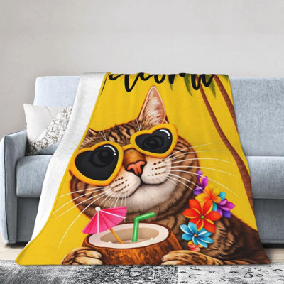 Cat Sunset Coconut Drink Throw Blankets Black Cute Animals Soft Throw Blankets Cozy Blanket Stylish Printed Room Decor For Sofa Couch Travel, 60 x 80 in