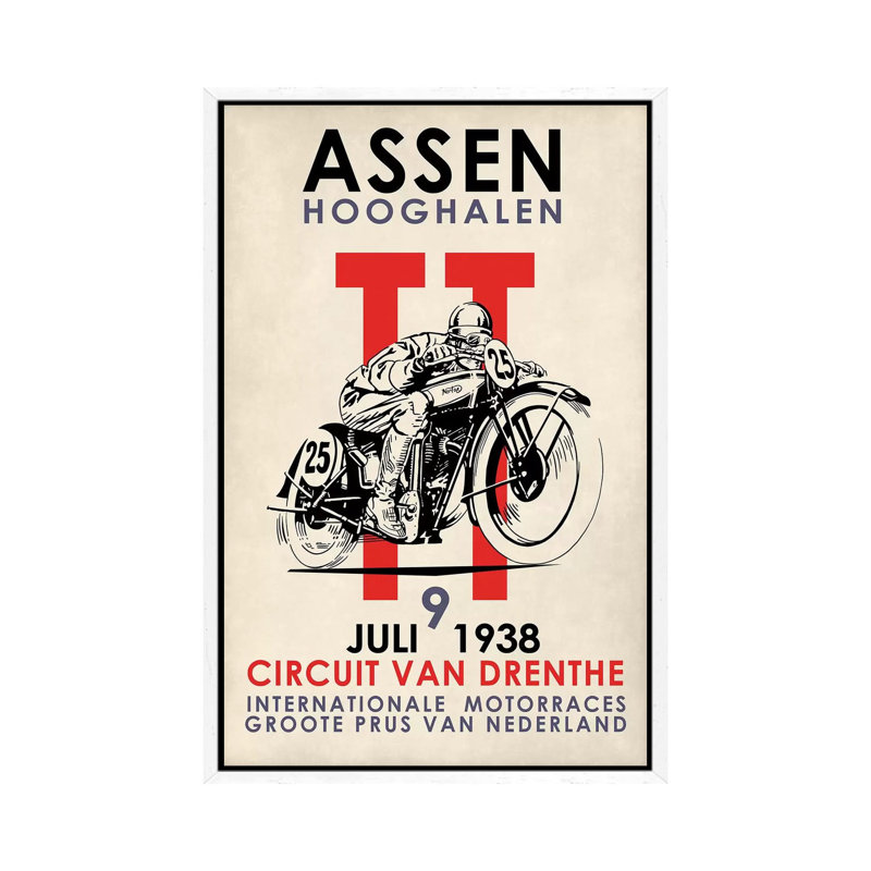 Assen TT Motorcycle Races 1938 by Mark Rogan - Print on Canvas, White Framed, 152.5 cm H x 101.5 cm W