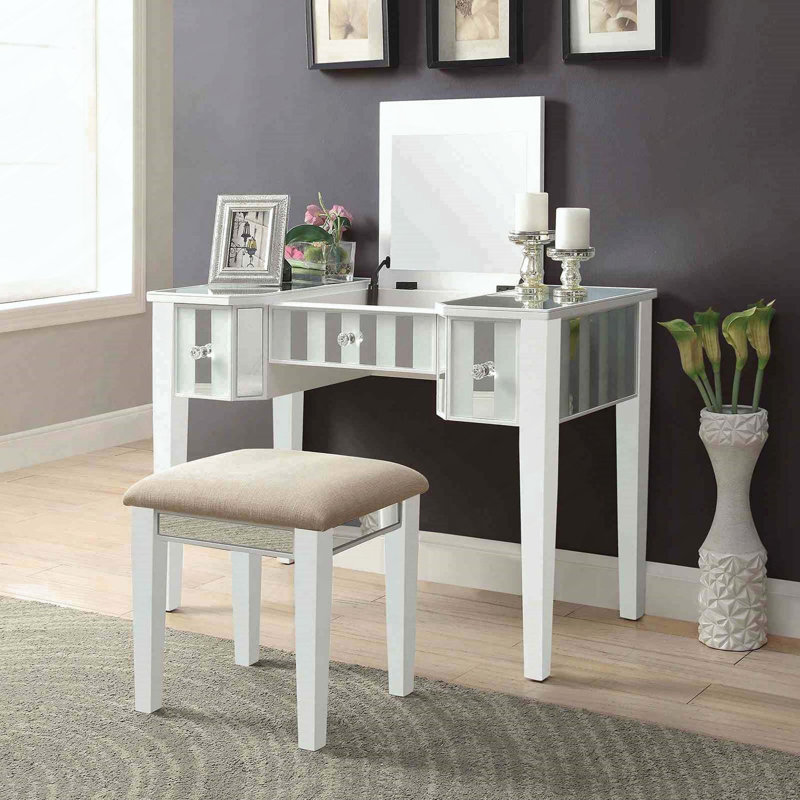 Ensemble de coiffeuse et tabouret avec tiroirs de rangement pour la chambre à coucher, Blanc
