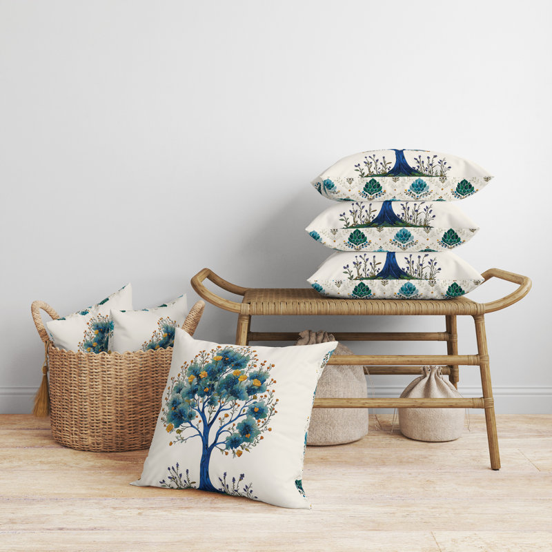 Racines à motifs Intérieur/Extérieur 18x18, Carré 18 po, Crème/bleu sarcelle