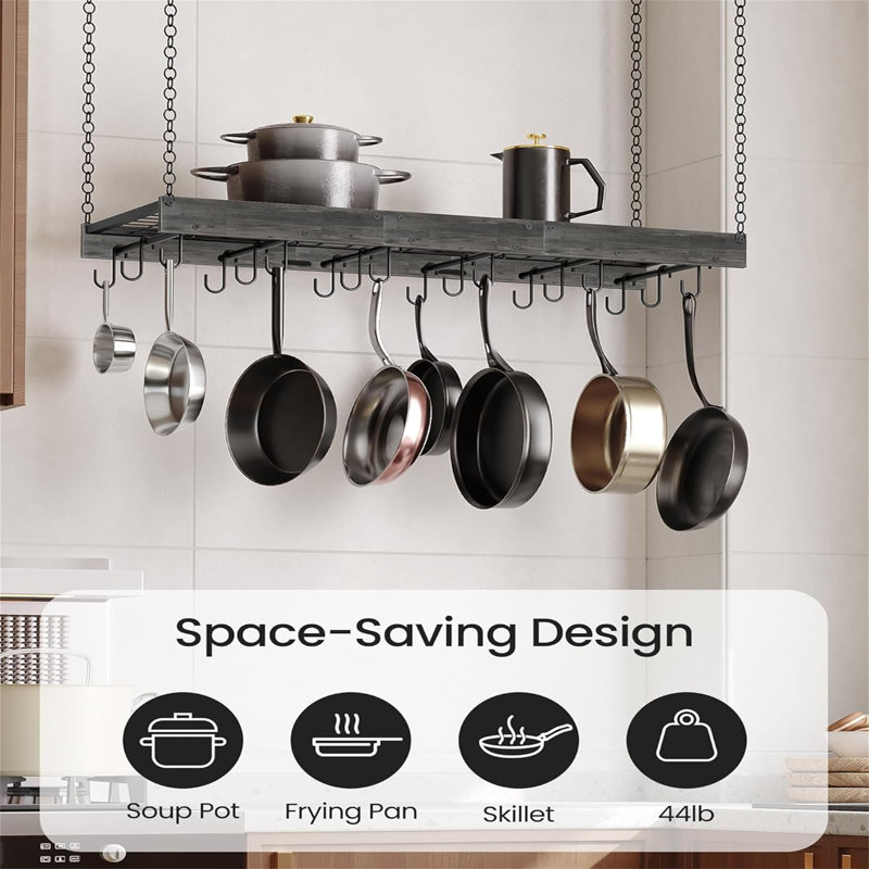 industrial style ceiling/wall mounted pot rack with hooks for kitchen storage, space saving, practical and beautiful.