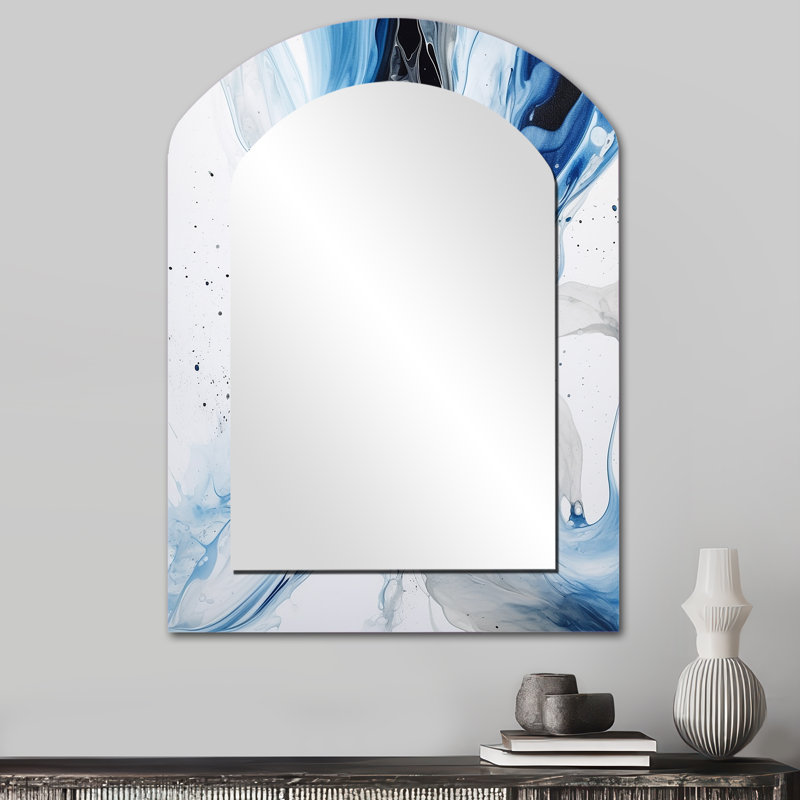«Elixir I» bleu et gris - miroir mural décoratif asymétrique abstrait, miroir à forme libre moderne, impression d'art en métal