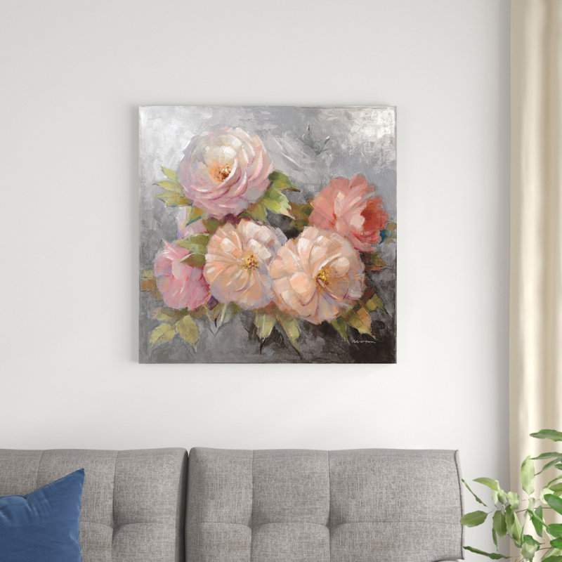 Roses sur fond gris III, H 30 po x l 30 po x P 1,25 po