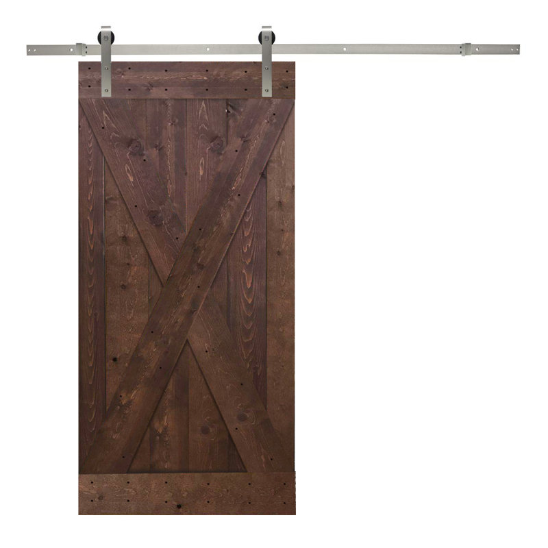 Porte de grange à panneaux en bois sans finition avec kit de quincaillerie d’installation, 36 po x 84 po, Noyer