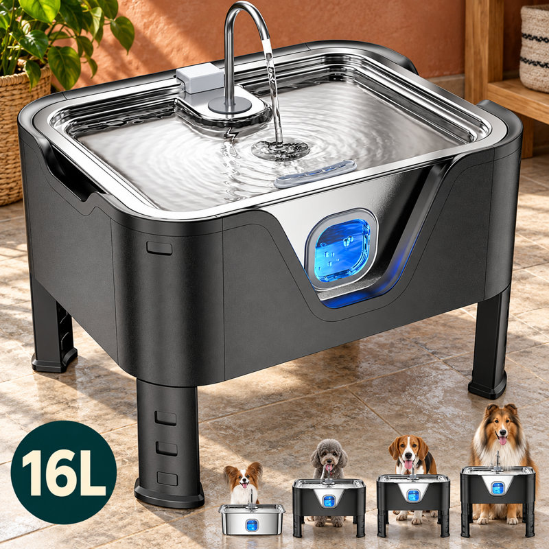 Designed for large dogs, this 16L/4.2Gal stainless steel water fountain combines a deeper, wider drinking tray with a visible water window, automatic dispensing, and an adjustable stand.