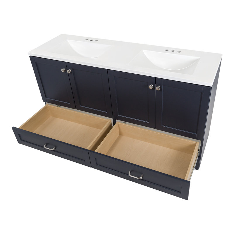 Meuble-lavabo double 60,50 po avec 2 armoires, 2 tiroirs et plateau en marbre de culture Emlyn, Bleu foncé