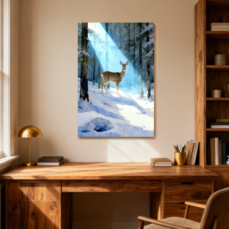 Animaux, hiver, forêt, cerf, neige, lumière, reproduction d'art, H 24 po x l 16 po
