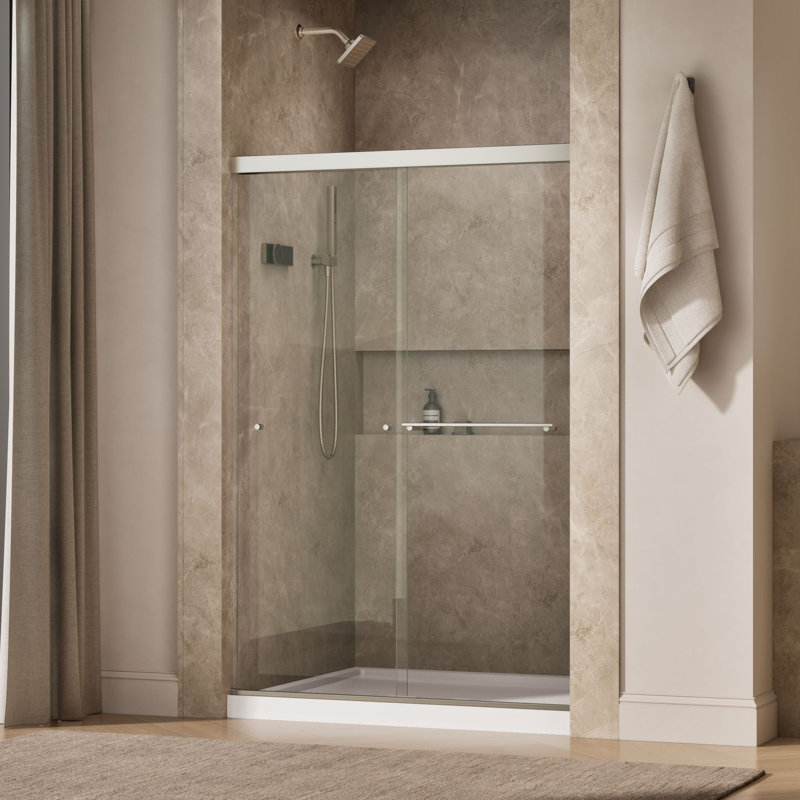 Revel 47.63'' x 70'' Double Sliding Shower Door with CleanCoat Technology, Anodized Brushed Nickel, Crystal Clear