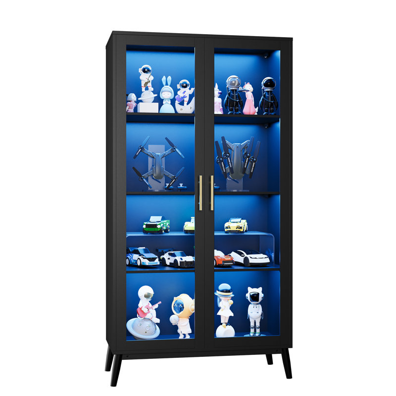 Vitrine en verre avec lumières RVB, armoires à 4 niveaux avec 3 lumières colorées, vitrine avec capteur de corps humain et ports USB, armoire de rangement en coin pour objets de collection